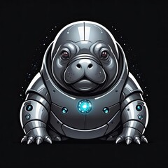 A cartoon manatee wearing a silver suit of armor sits in front of a black background