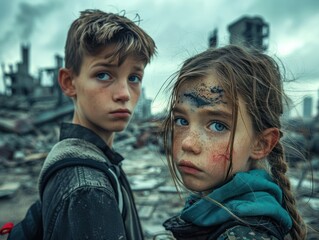 two children stand amidst a desolate, ruined landscape, gazing solemnly at the viewer, conveying a s