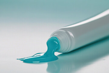 Blue paint bottle with white cap against a bright yellow background, casting a shadow.