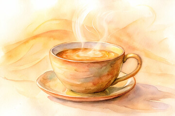 A warm, steaming cup of coffee rests on a saucer against a soft, atmospheric background, evoking comfort and relaxation.