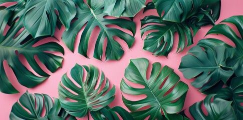 Dragon Tail Monstera or Epipremnum Pinnatum tropical leaves on coral color background minimal summer