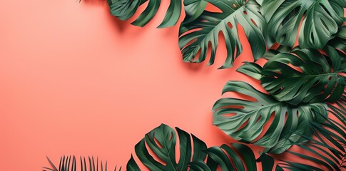 Dragon Tail Monstera or Epipremnum Pinnatum tropical leaves on coral color background minimal summer