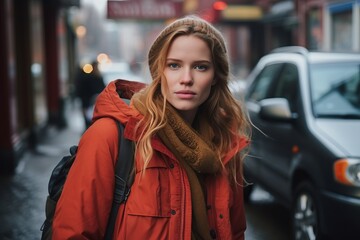 Portrait of a beautiful young woman in a red coat on a city street