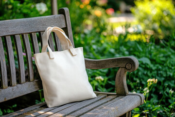 White bag on wooden bench in park. Leaves scattered around. Bright sunlight filtering through trees. Serene and peaceful outdoor scene.