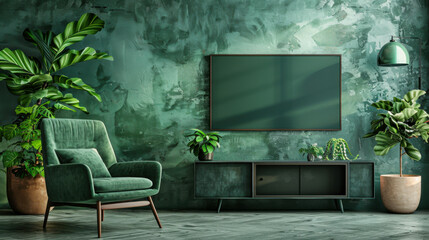 Wall Mural - Green cabinet TV in modern living room with green armchair and plant on plaster wall background