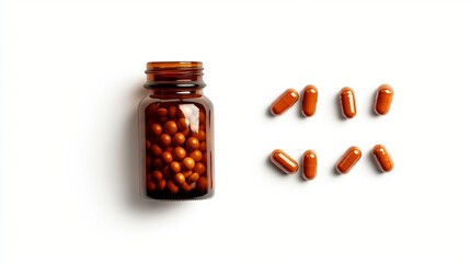 Wall Mural - Amber glass bottle filled with orange pills alongside scattered capsules on white background, showcasing pharmaceutical products and medication.