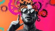 © Maria Mikhaylichenko - Surreal portrait of a bearded man with sunglasses and gears for hair, pointing upward against a vibrant background of cogs and colorful shapes.