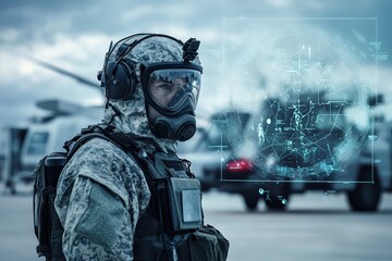 Soldier in camo uniform and gas mask utilizes advanced hud with augmented reality in military mission