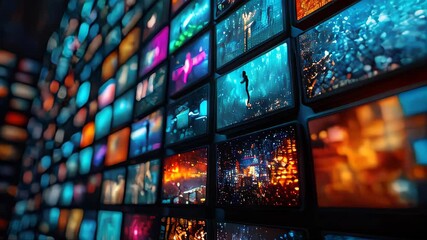 A wall of multiple television screens displaying different channels and news. A media concept for information overload and digital communication