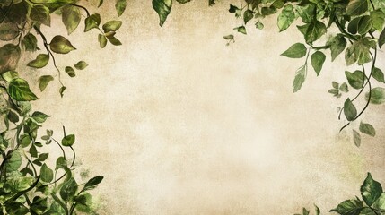 Green Leaf Border on Watercolor Beige Background