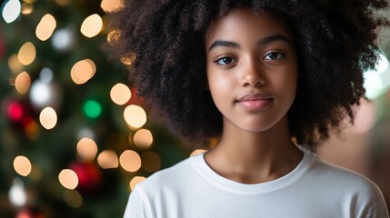 Beautiful young woman with natural curly hair smiling softly in front of a blurred Christmas tree, radiating warmth and joy during the festive season.