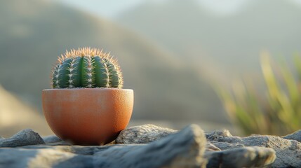 Cactus in a Pot on Rocky Surface in Natural Light