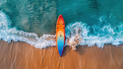 A colorful paddleboard on the beach