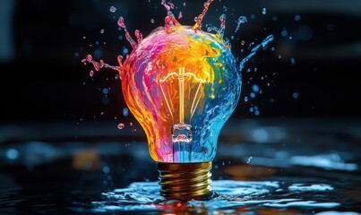 Wall Mural - lightbulb idea concept with colorful liquid of splashing unique creative idea on black background