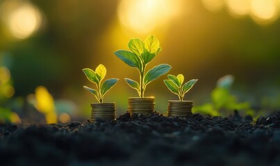 Wall Mural - Small trees on Stacked of coin money in morning. concept in grow and walk step by step for success in business