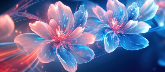 Two abstract, glowing flowers in pink and blue hues with glowing streaks behind them.