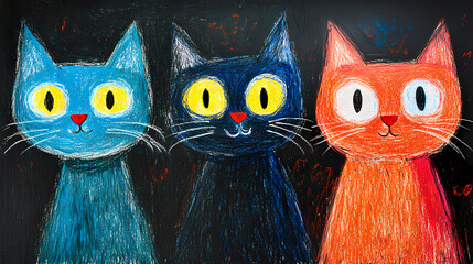 Naklejka na meble A simple, easy drawing of cats for kids using wax crayons, with rounded faces, big eyes, and cute whiskers. Each cat has tiny ears, a happy smile, and a long, curled tail.
