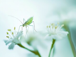 A green bug sitting on top of a white flower