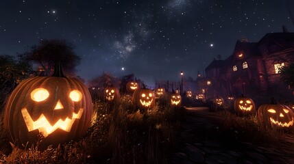 13. a haunted pumpkin patch, with carved pumpkins glowing under a starry sky