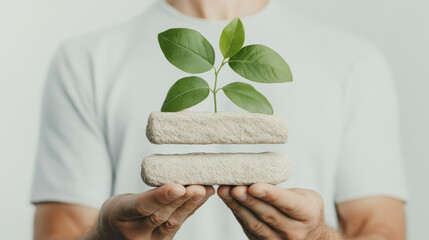 a person holds two stone like blocks with small green plant growing between them, symbolizing growth