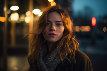 Portrait of a beautiful young woman with red hair in the city at night