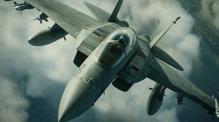 A close-up of a combat aircraft in mid-flight, with its weaponry visible and clouds swirling around, creating a sense of tension and excitement