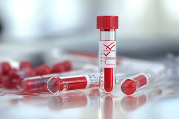 Blood-filled test tube on a white table, surrounded by medical equipment.