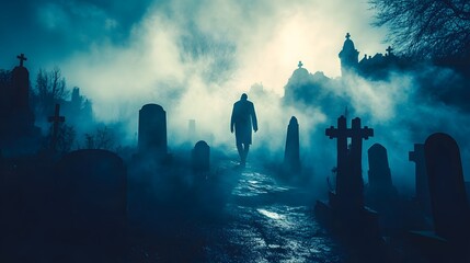 33. A spooky cemetery scene with fog rolling over the tombstones and a ghostly figure wandering