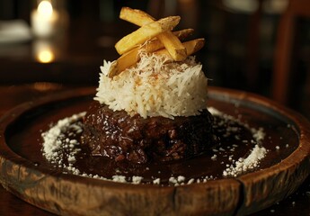 Close-Up of Indian Sionales Dish with Rice, Fries, and Cheese Topping