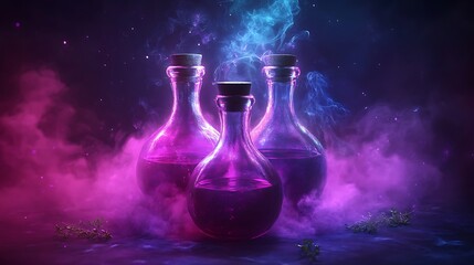 Three Glass Bottles of Potion with Smoke and Glow.