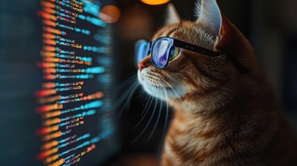 Cat with glasses sitting in front of a screen with a code