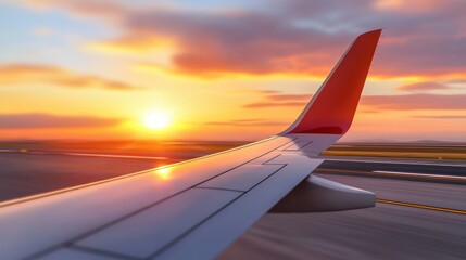 Poster - Airplane wing gliding through a vibrant sunset sky, AI