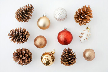 Christmas decorations on white background: colorful ornaments, lights, and tinsel arranged in a festive display, creating a joyful and vibrant holiday atmosphere.