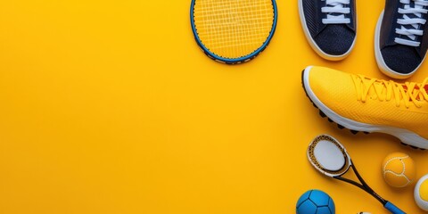 A vibrant arrangement of sports equipment on a yellow background.