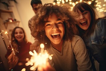 Canvas Print - Sparklers christmas cheerful laughing.