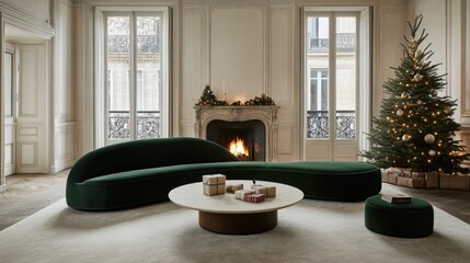 Canvas Print - A beautifully decorated living room features a dark green sofa and a round table, creating a warm atmosphere for Christmas celebrations.