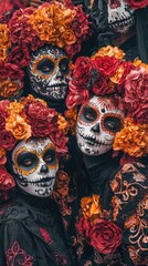 Group Celebrating Day of the Dead in Vibrant Catrina Masks with Flower Crowns