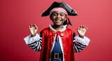 African boy dressed as a pirate adventurous grin pirate costume solid red background chubby build child