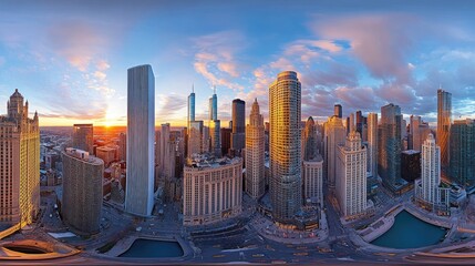 A panoramic shot of towering city buildings, captured at sunset, with warm light casting shadows across the urban landscape.