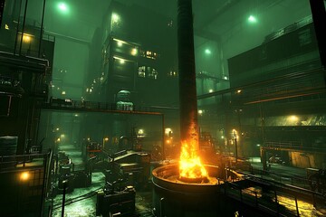 Dark industrial scene with glowing machinery and flames.