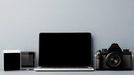 A collection of electronic devices and a camera on a minimalist background.