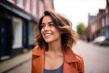 Wall Mural - Portrait of a beautiful young woman with long brown hair in the city