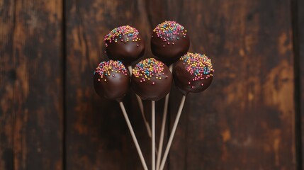 Close-up of chocolate cake pops with vibrant sprinkles on a rustic brown wooden background