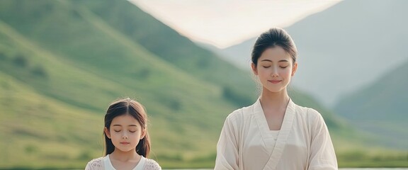 Woman and girl meditating together in serene natural setting.