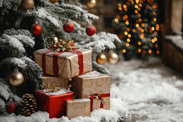 A Christmas tree with a stack of presents on the ground. The presents are wrapped in red paper and have gold bows on them. The tree is surrounded by lights and ornaments, creating a festive atmosphere