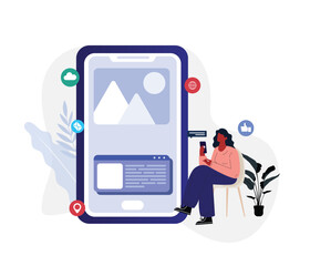  UX designer, developer, smartphone interface. Female cartoon character programming mobile phone 