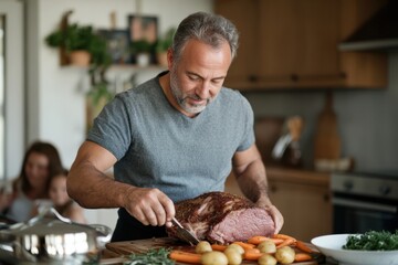 A serene man in a gray t-shirt precisely slices roasted meat on a wooden board, while two family members are softly blurred in background, embodying cozy meal prep.