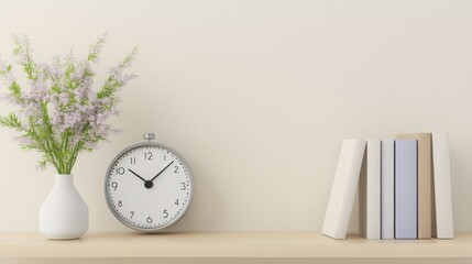 Sticker - A minimalist shelf featuring a clock, books, and a vase with flowers against a plain wall.