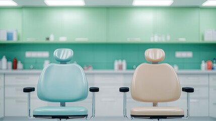 A bright, modern dental clinic featuring two dental chairs, one blue and one beige, set against a green wall with storage and equipment.