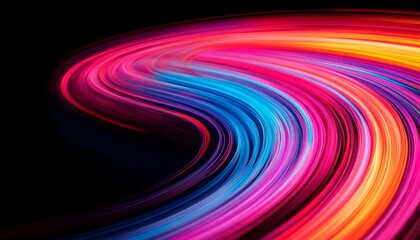 A vibrant swirl of colorful light trails against a dark background.